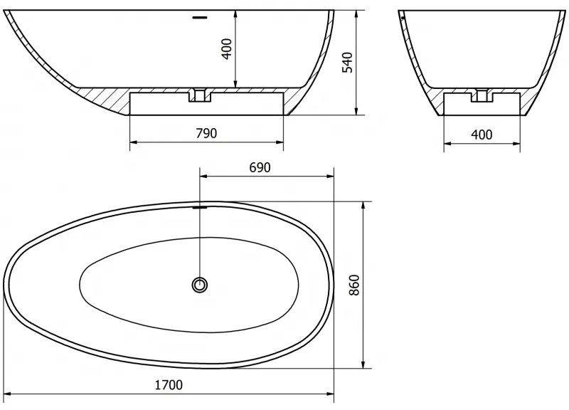 Mexen Milano, voľne stojaca vaňa z konglomerátu 170 x 86 cm, biela matná, 57301708500