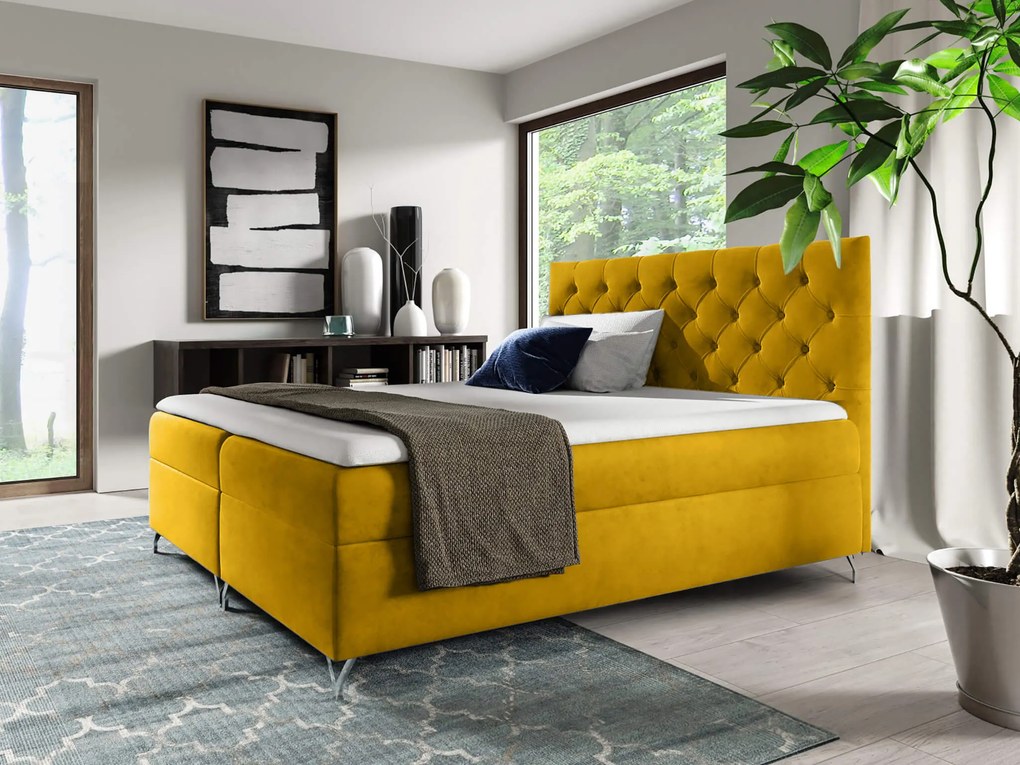Wilsondo Čalúnená boxspring manželská posteľ Guliette s matracom - žltá Rozmer: 180x200