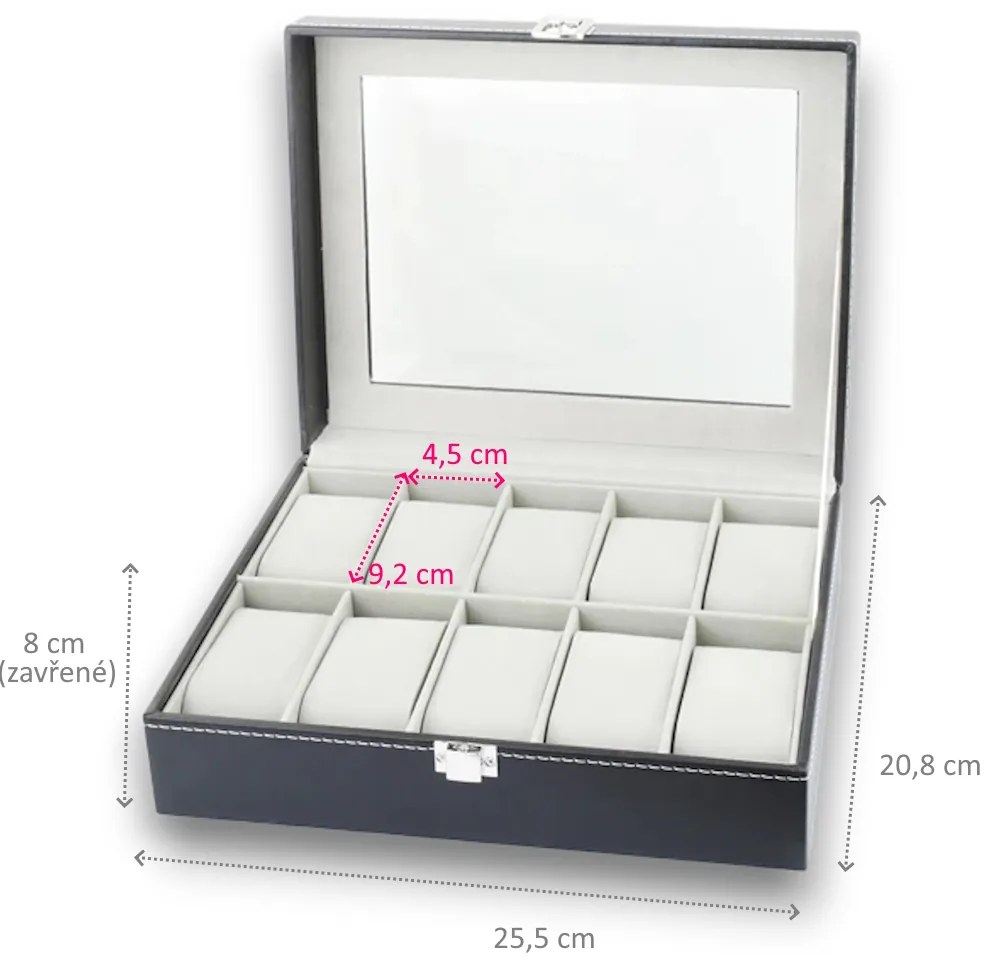 eCarla Organizér na hodinky, box, puzdro na 10ks hodiniek, ekokoža, čierny