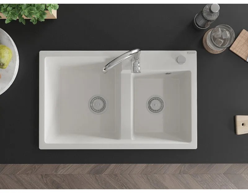 Mexen Tomas, granitový drez 800x500x190 mm, 2-komorový, biela, 6516802000-20