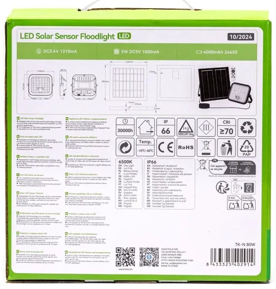Aigostar - LED stmievateľný solárny reflektor s čidlom LED/80W/3,4V IP66 + DO