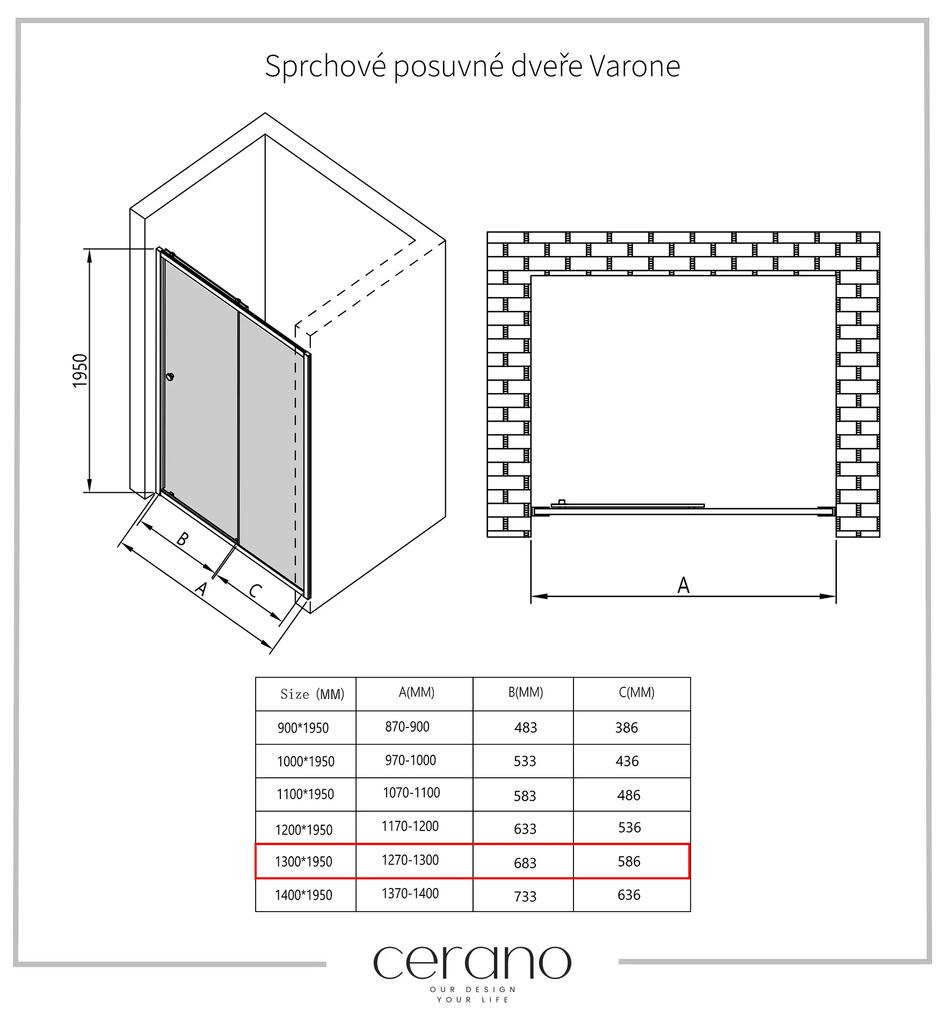 Cerano Varone, sprchovací kút s posuvnými dverami 130(dvere) x 70 (stena) x 195 cm, 6mm číre sklo, čierny profil, CER-CER-DY505B-13070