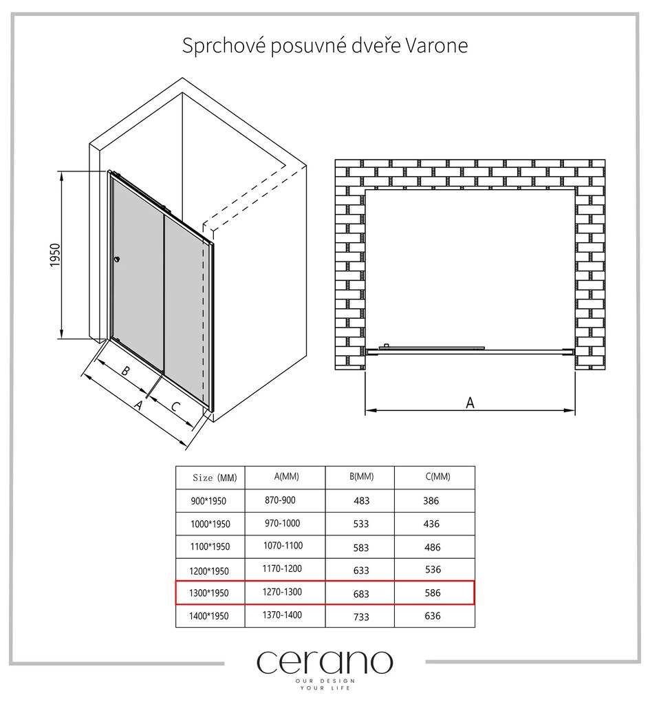 Cerano Varone, sprchovací kút s posuvnými dverami 130(dvere) x 70 (stena) x 195 cm, 6mm číre sklo, čierny profil, CER-CER-DY505B-13070