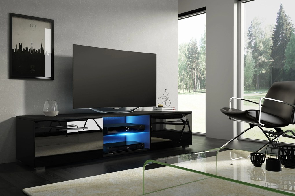 TV stolík/skrinka Mona 140 (čierna + lesk čierny). Vlastná spoľahlivá doprava až k Vám domov. 787106