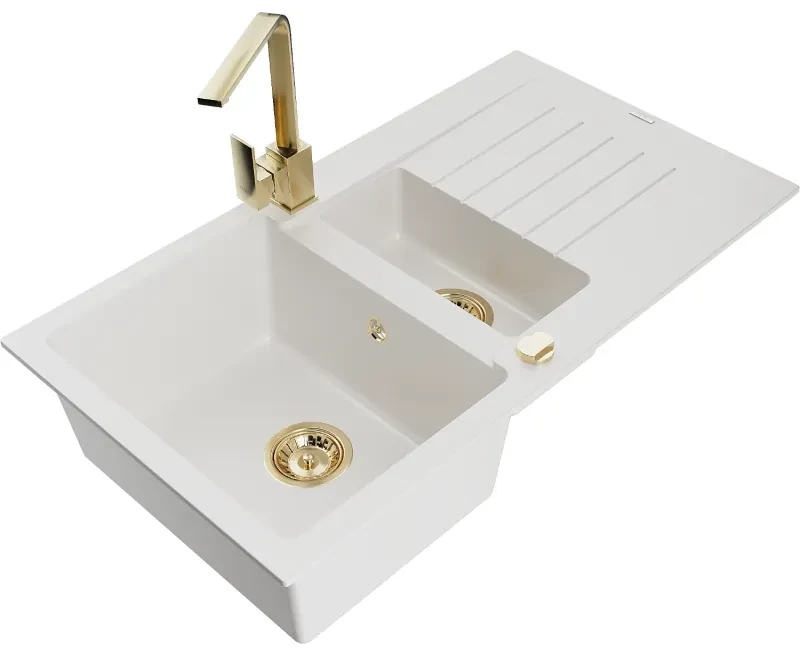 Mexen Matias, granitový drez 900x505x200 mm, 1,5-komorový a zlatá batéria Rita, biela, 6502-20-670300-50