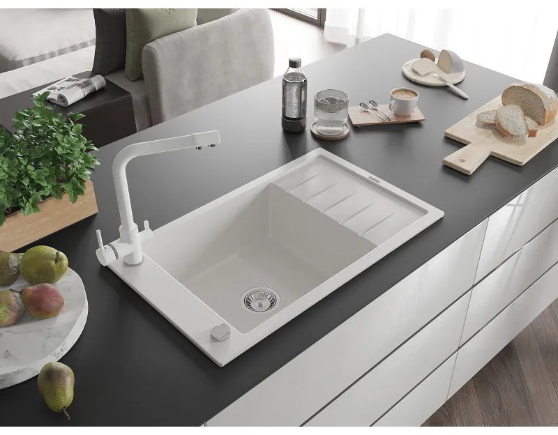 Mexen Elias, 1-komorový granitový drez s odkvapkávačom 795x480x200 mm a biela batéria Duero, biela, 6511-20-671600-20