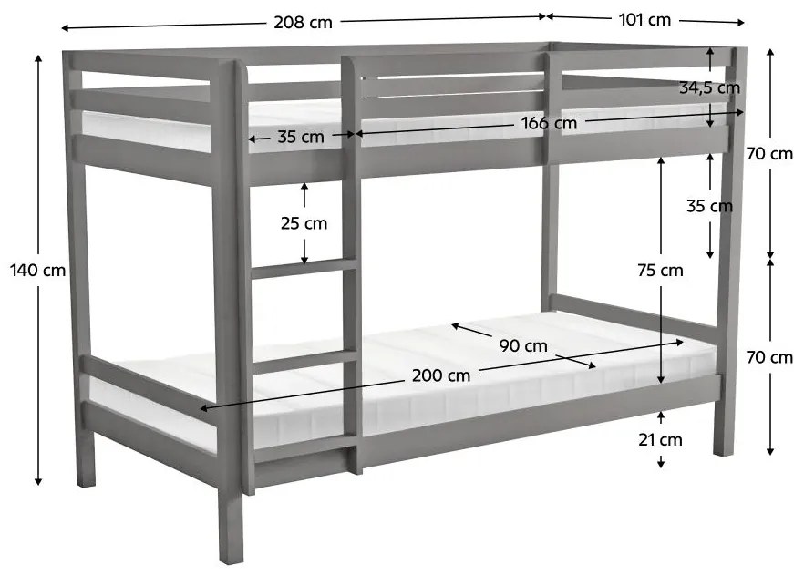 Detská poschodová posteľ 90 cm Invocato (sivá) (s roštom). Vlastná spoľahlivá doprava až k Vám domov. 1116362