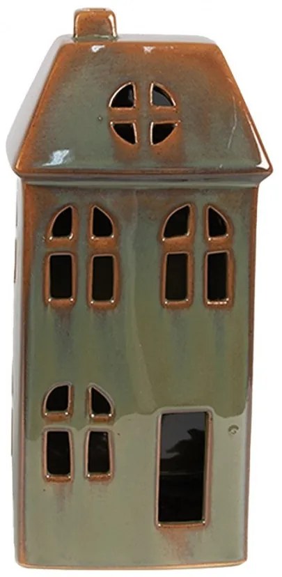 Hnedo-zelený porcelánový svietiaci domček - 7*6*15 cm