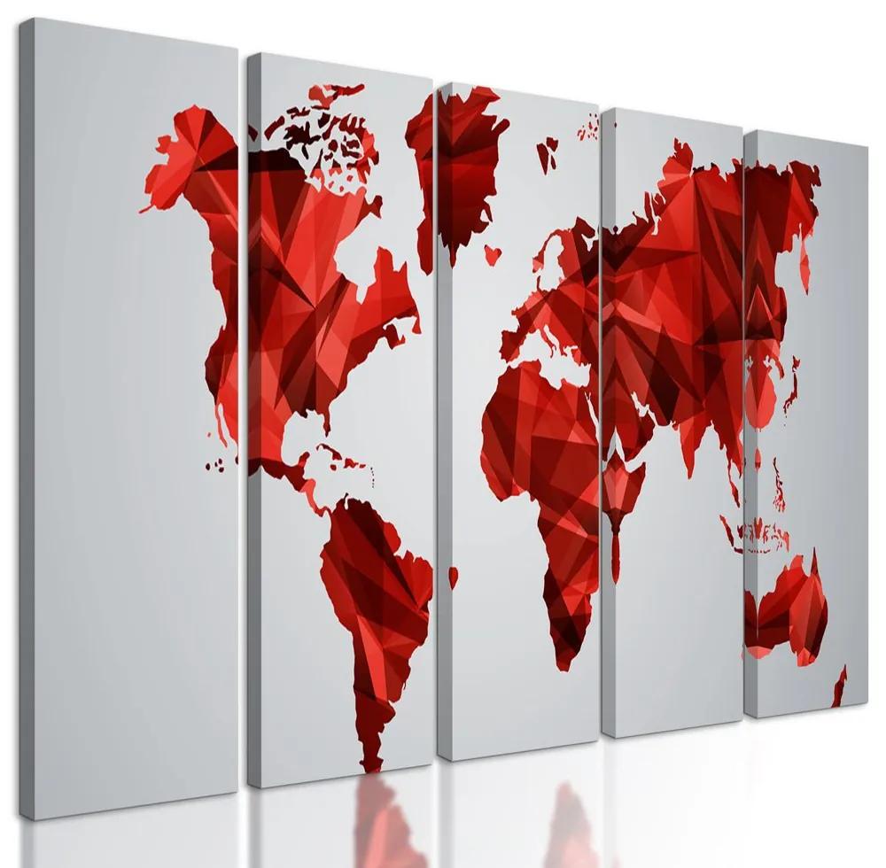 5-dielny obraz mapa sveta tovrená polygonmi v červenom prevedení