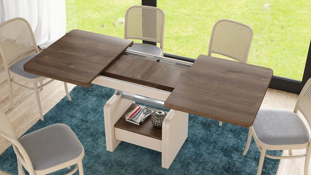 Konferenčný stolík LEXUS, rozkladací, s funkciou zdvíhania dosky, hnedý dub / béžový