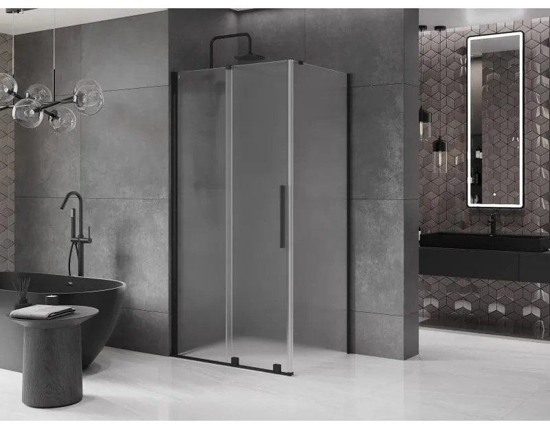 Mexen Velar, sprchový kút s posuvnými dverami 140 x 90 cm, 8mm sklo námraza, čierna matná, 871-140-090-31-70