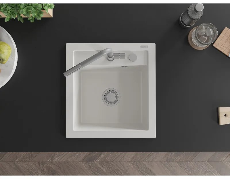 Mexen Vito, 1-komorový granitový drez 490x520x210 mm a drezová batéria Flora, biela, 6503-20-670401-06