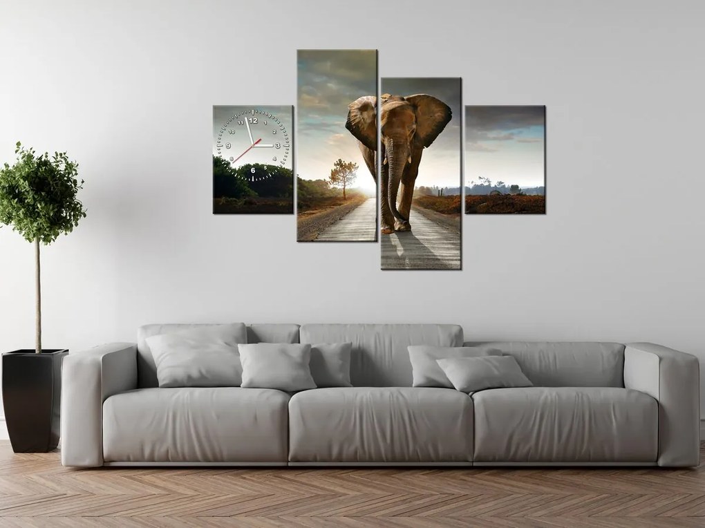 Gario Obraz s hodinami Osamelý silný slon - 4 dielny Rozmery: 120 x 80 cm