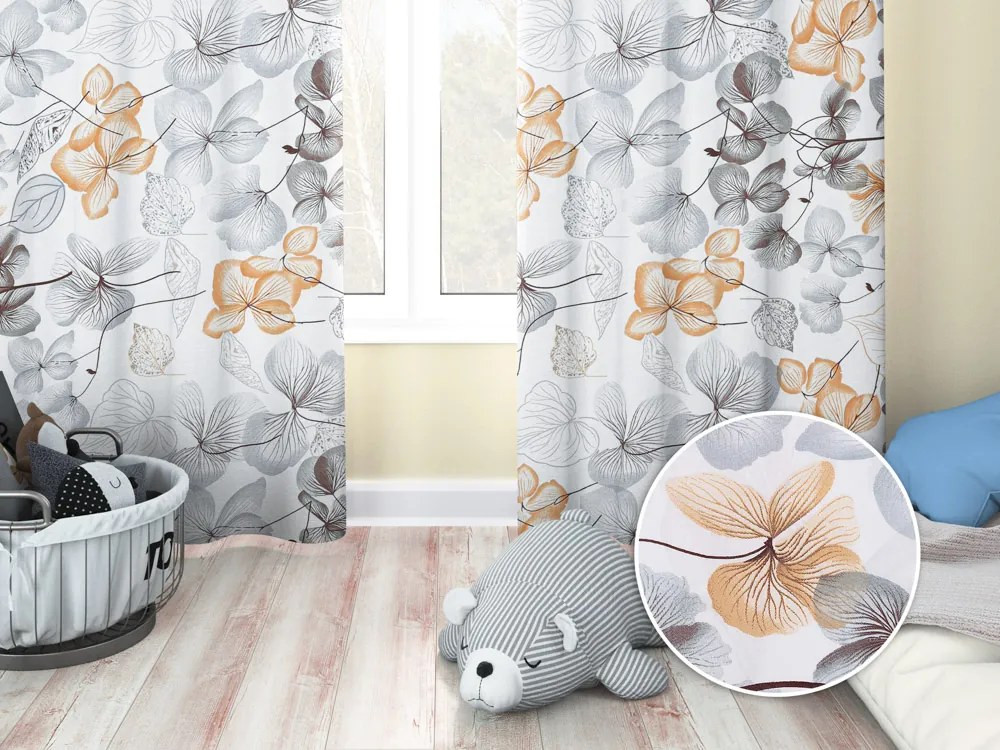 Biante Detský bavlnený záves Sandra SA-367 Sivo-oranžové kvety na bielom 140x210 cm