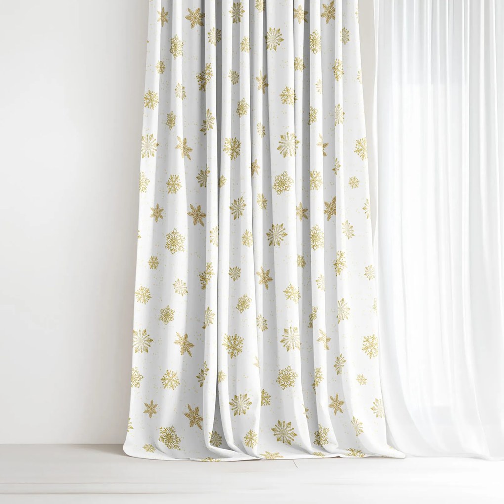 Goldea vianočný dekoračný záves - zlaté snehové vločky 280x150 cm