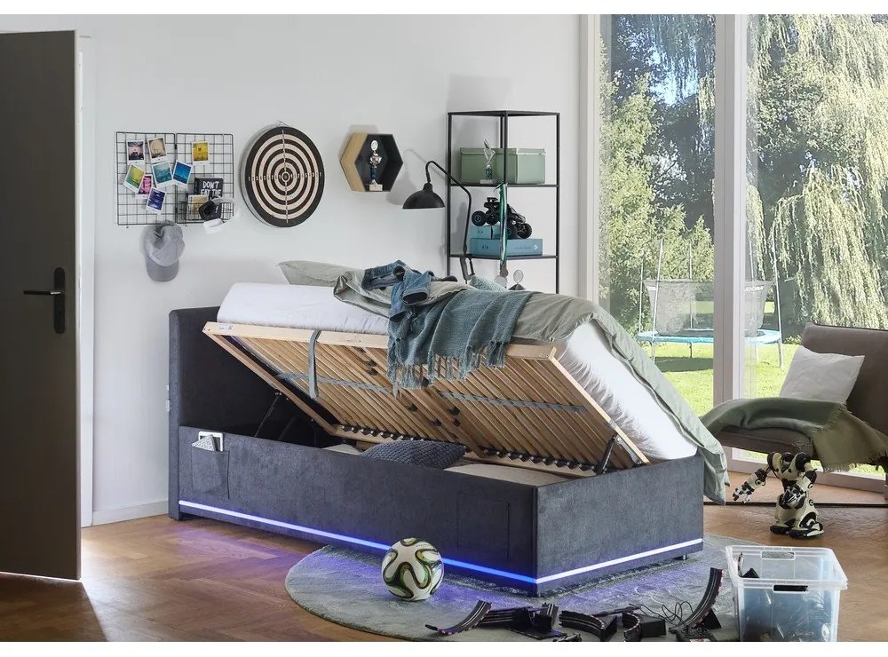 Tmavosivá čalúnená detská posteľ s úložným priestorom s roštom 90x200 cm Circle – Meise Möbel