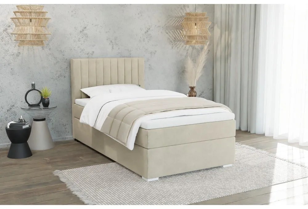 Béžová čalúnená jednolôžková posteľ s úložným priestorom s roštom 90x200 cm Bunny – Ropez