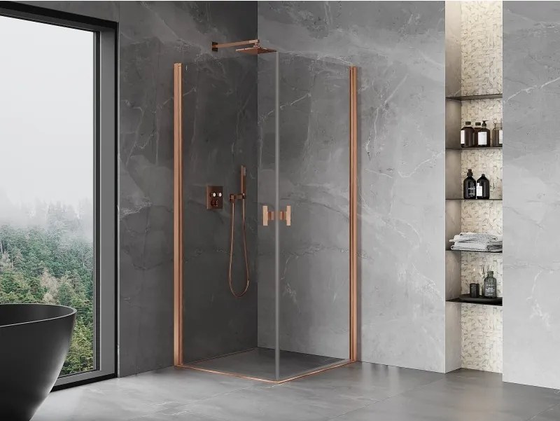 Mexen Mist-B Duo, 2-krídlový výklopný sprchový kút 95 x 95 cm, číre sklo, medený matný profil, 8A2-095-095-65-00