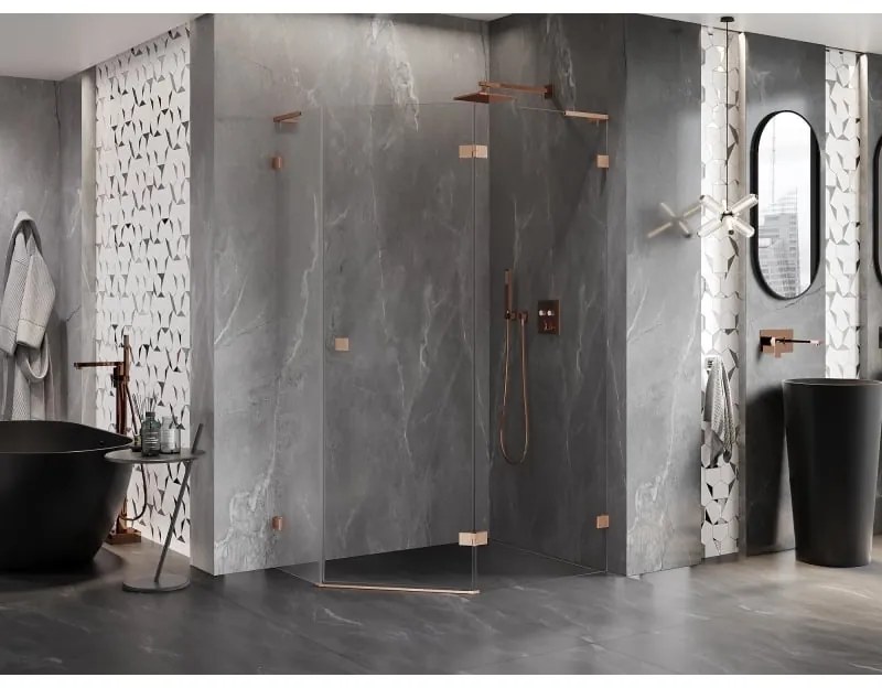 Mexen Lunar, L pravý výklopný päťuholníkový sprchový kút 100 x 80 cm, 8mm číre sklo, profil medená matná, 831L-100P-080L-65-00-P