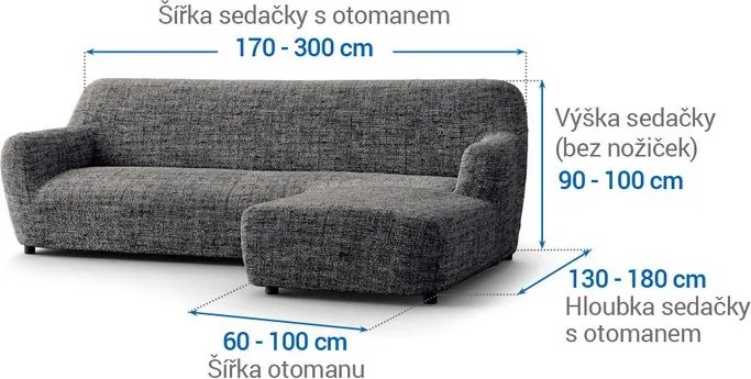 Bielastické poťahy VITTORIA šedá sedačka s otomanom vpravo (š. 170 - 300 cm)