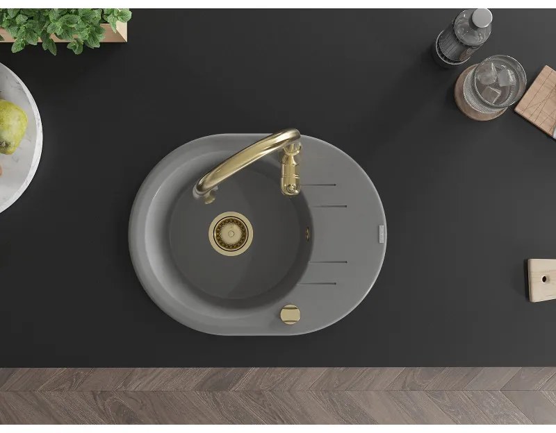 Mexen Kevin, granitový drez 586x458x190 mm, 1-komorový a drezová batéria Savita, šedá, 6517-71-672601-50
