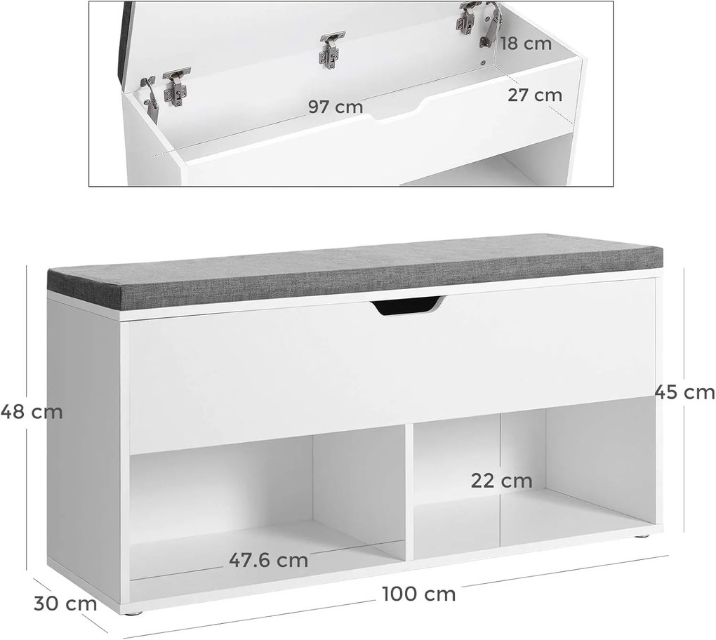 Botník Vasagle Lenda s lavicí a úložným prostorem 100 cm bílý/šedý