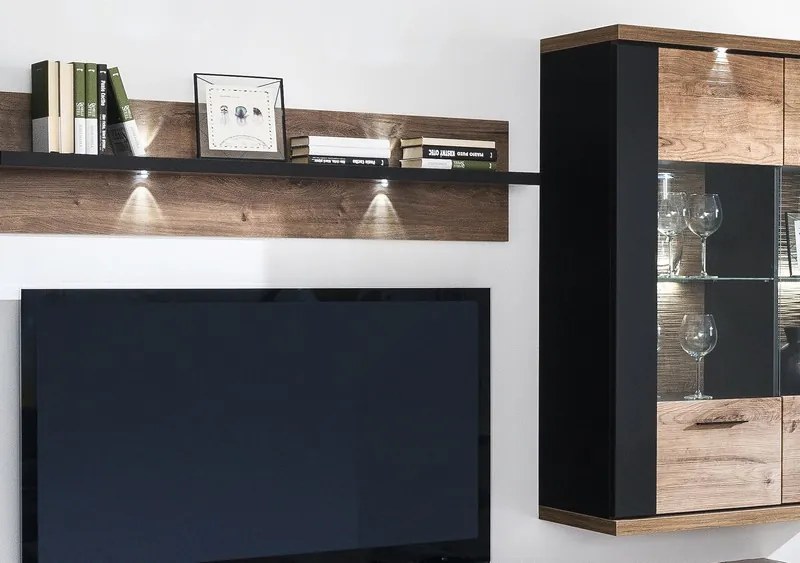 Obývacia stena Boston, čierna/dub ribbeck, s osvetlením