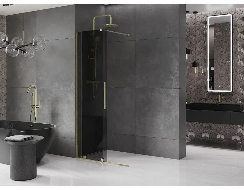 Mexen Velar, sprchová zástena s posuvnými dverami Walk-in 75 x 200 cm, 8mm šedé sklo, zlatá lesklá, 871-075-000-43-50