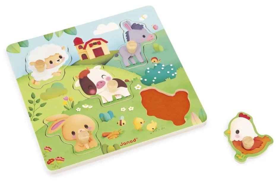 Janod Farm Drevené vkladacie puzzle s úchytom Zvieratká