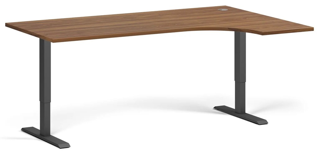 Rohový výškovo nastaviteľný stôl, 180x120 cm, 1 motor, L/P, čierna podnož, orech