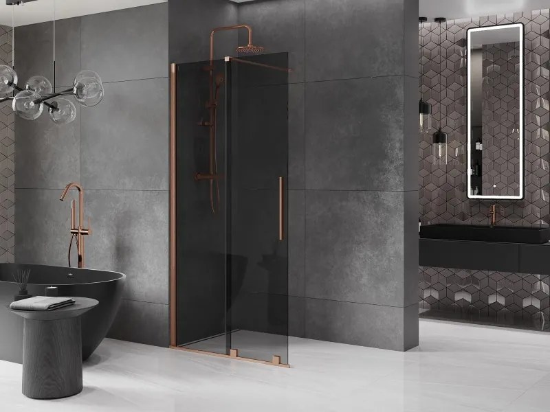 Mexen Velar, sprchová zástena s posuvnými dverami Walk-in 110 x 200 cm, 8mm šedé sklo, medená matná, 871-110-000-43-65