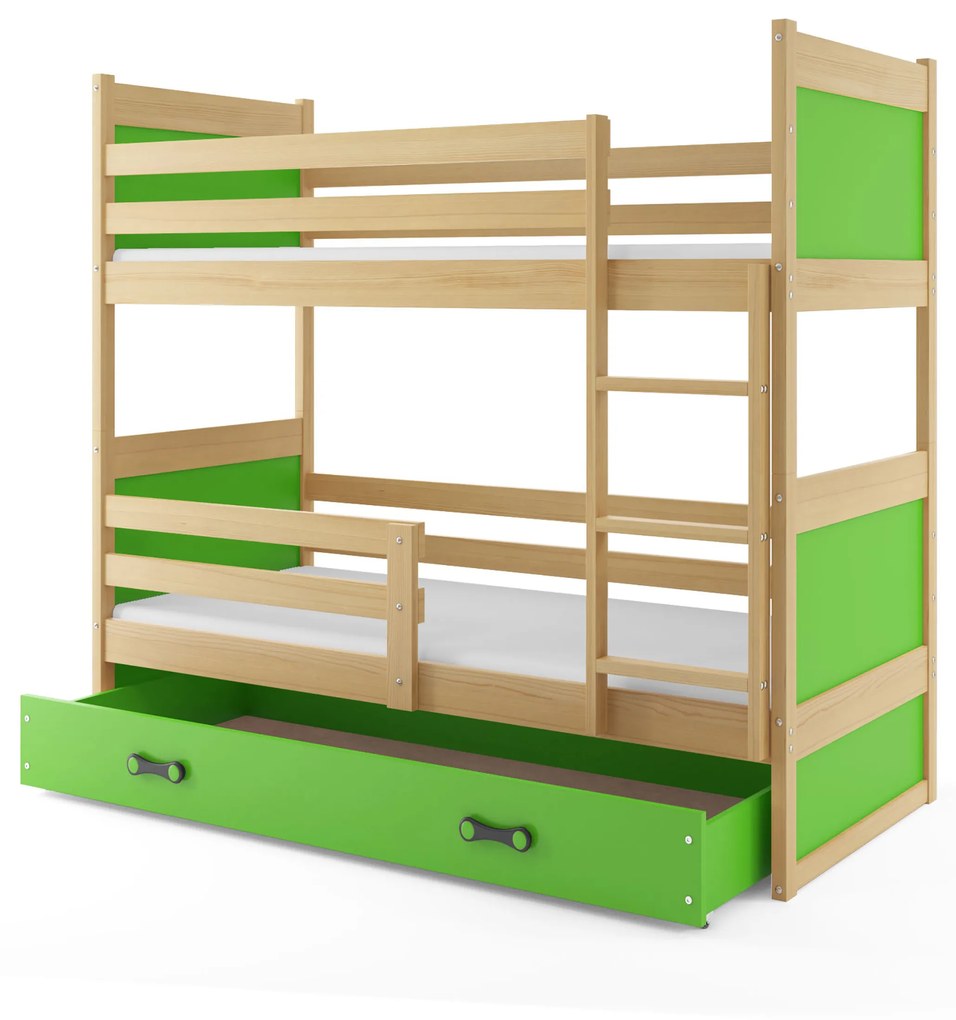 Poschodová posteľ 80 x 190 cm Ronnie B (borovica + zelená) (s roštami, matracmi a úl. priestorom). Vlastná spoľahlivá doprava až k Vám domov. 1056614