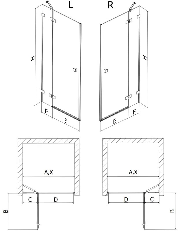 Mexen, Mexen Lunar výklopné sprchové dvere ľavé 85 cm, transparentné, pištoľový kov - 834-085-000-95-00-L