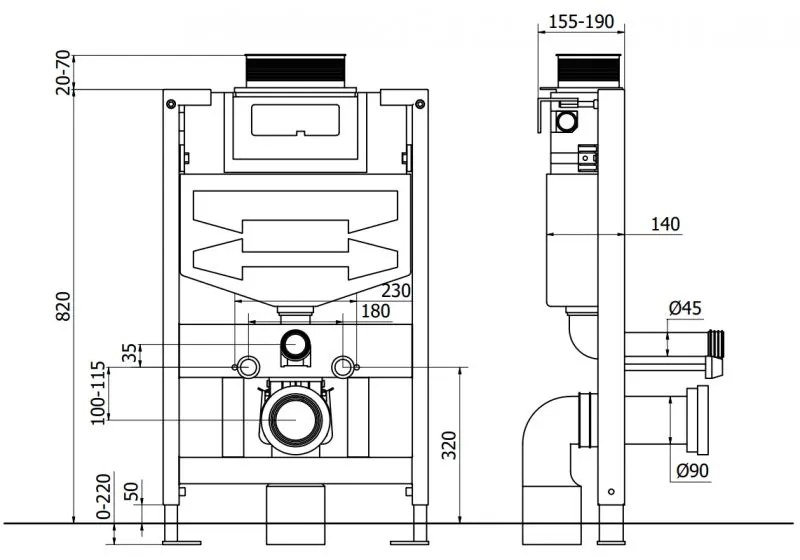 Mexen Fenix Air XS-F, znížený podomietkový modul s pneumatickým splachovaním zhora pre závesné WC h82 w50 cm, 6A850