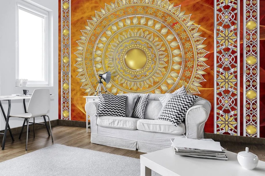 Fototapeta - Zlatá mandala v červenej (254x184 cm)