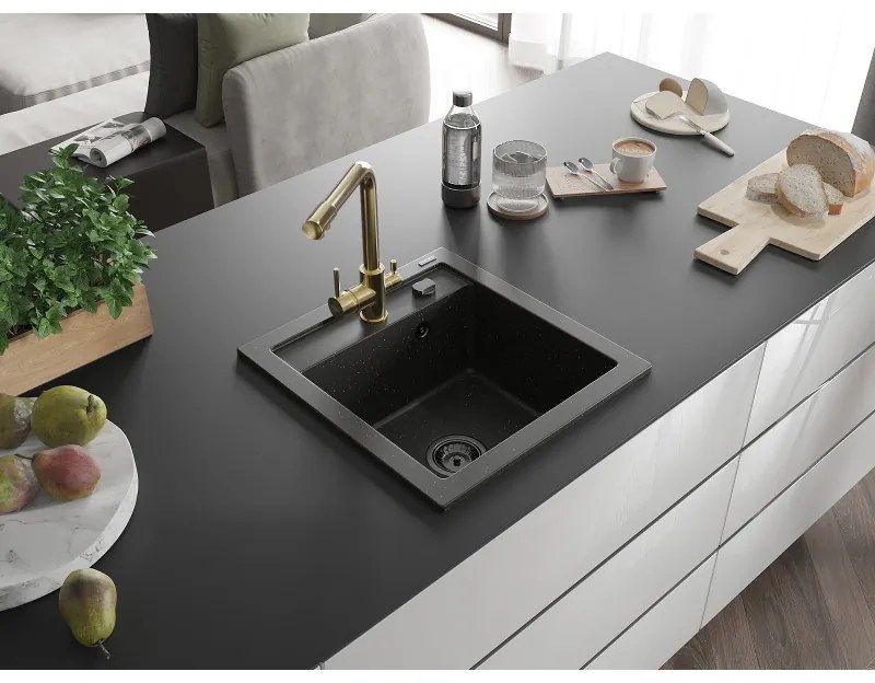 Mexen Vito, 1-komorový granitový drez 520x490x210 mm, zlatá batéria Duero, čierna - zlatá metalíza, 6503-75-671600-50-B