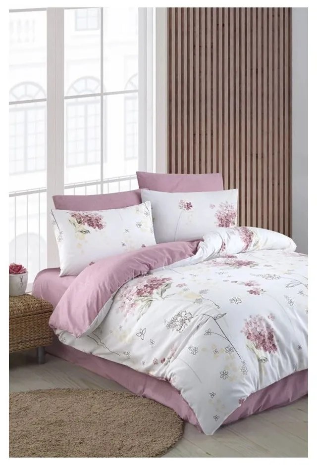 Bielo-ružové 4-dielne predĺžené obliečky na dvojlôžko s plachtou 200x220 cm Floral – Mila Home