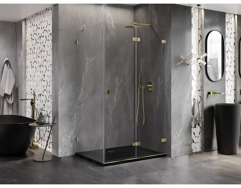 Mexen Lunar-F, 1-krídlový sprchový kút so skladacími dverami, pravý, 95 x 90 cm, 8mm číre sklo, zlatý lesklý profil, 836-095-090-50-00-P