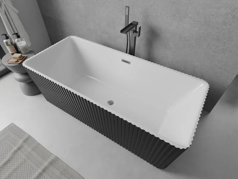Mexen Nila, voľne stojaca ryhovaná vaňa 170 x 75 cm, biela-čierna, brúsený grafit prepad, 52841708075-66