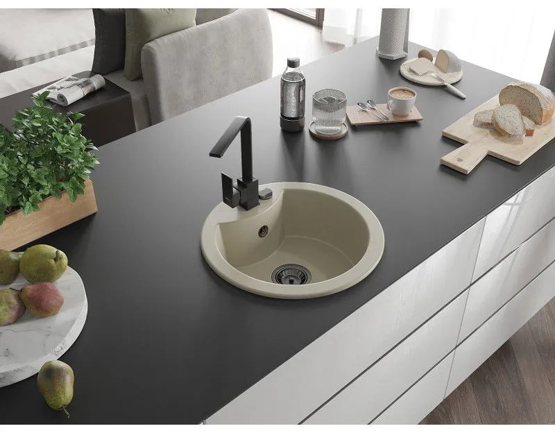 Mexen Diego, 1-komorový granitový drez 488x488x167 mm, čierny sifón, čierna matná batéria Rita, béžová, 6512-69-670300-70