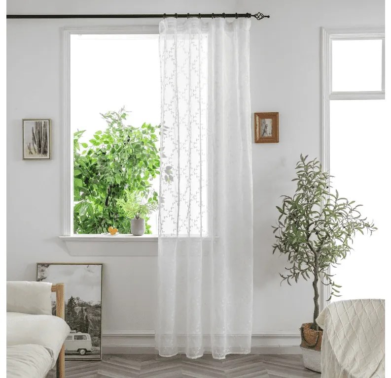 Biely záves VINTORA so vzorom lístkov 140x250 cm Zavesenie: Riasiaca páska
