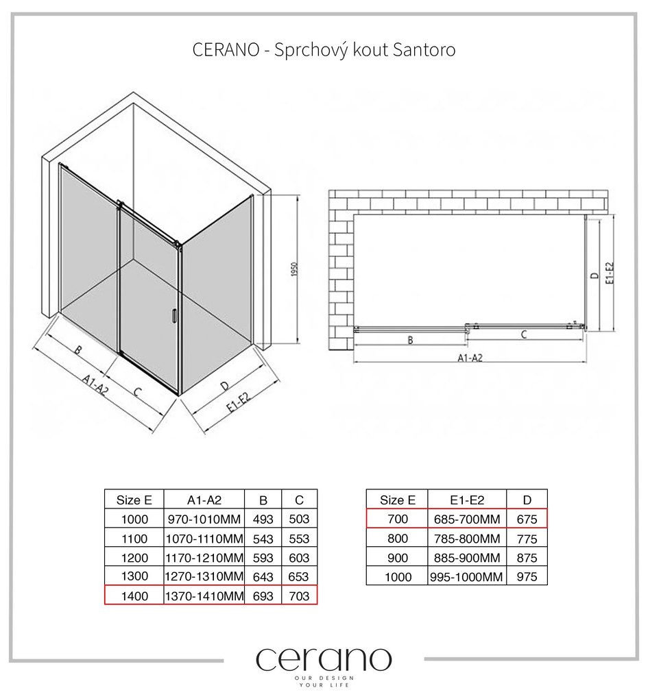 Cerano Santoro, sprchovací kút s posuvnými dverami 140(dvere) x 70(stena) x 195 cm, 6mm šedé sklo, čierny profil, CER-CER-425500