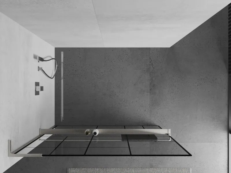Mexen Kioto+ L, sprchová zástena Walk-In s poličkou a vešiakom 80 x 200 cm, 8mm číre sklo čierny vzor, brúsená oceľ profil, 800-080-123-97-78