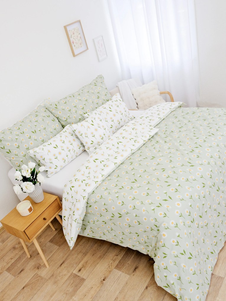 Bavlnené obliečky Renforcé - Sedmokrásky sivozelené/biele