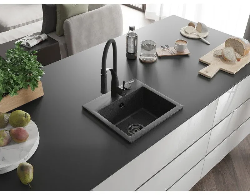 Mexen Milo, 1-komorový granitový drez 435x410x171 mm a drezová batéria Aster, čierna škvrnitá, 6505-76-73450-70-B