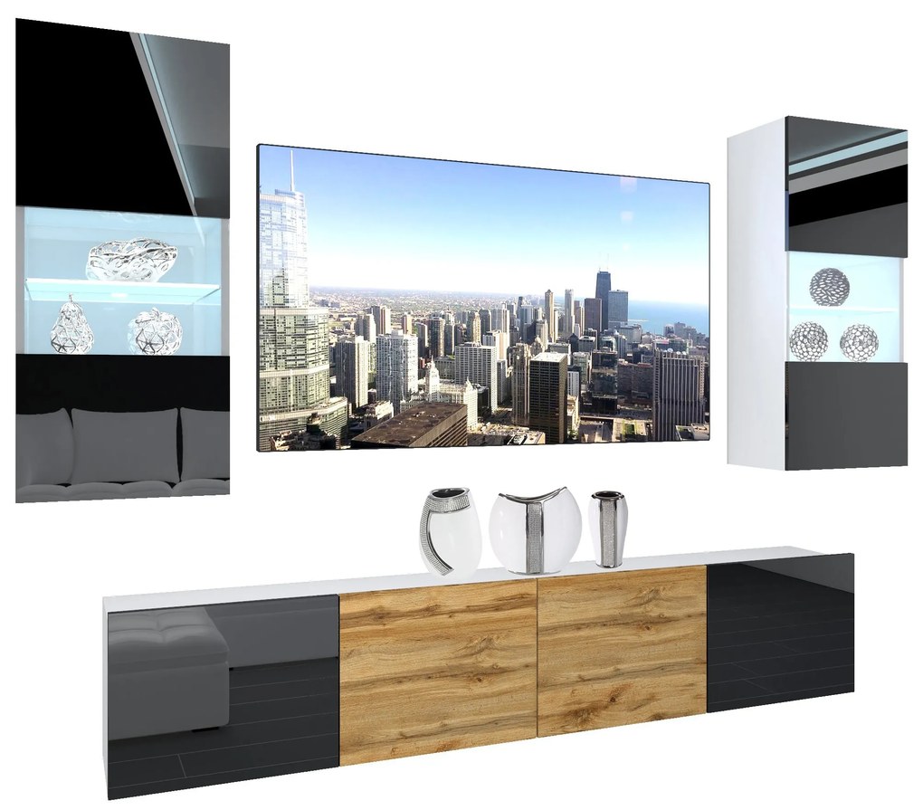 Obývacia stena Belini Premium Full Version čierny lesk / dub wotan + LED osvetlenie Nexum 110