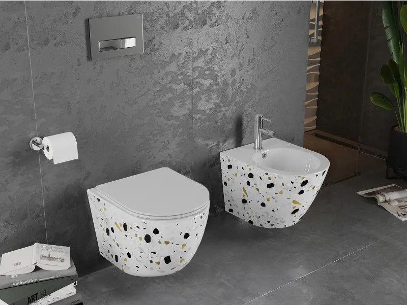Mexen Lena, závesná WC misa Rimless s duroplastovým sedátkom s pomalým zatváraním, biela-terazzo vzor, 30224096