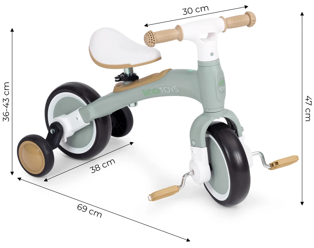 Odrážadlo/ Balančný bicykel s pedálmi 3v1 zelené, ECOTOYS