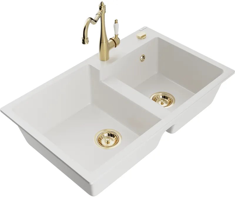 Mexen Tomas, granitový drez 800x500x190 mm, 2-komorový a drezová batéria Carla, biela, 6516-20-670700-50