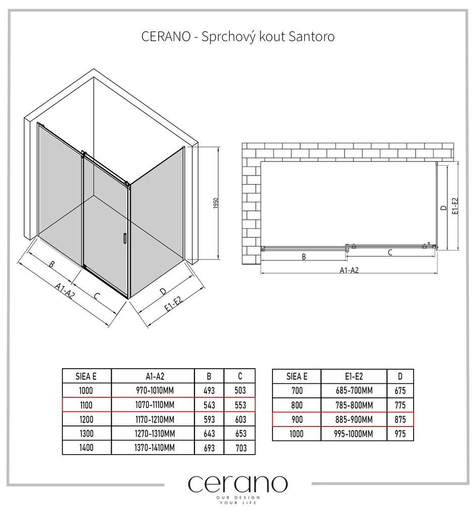 Cerano Santoro, sprchovací kút s posuvnými dverami 110(dvere) x 90(stena) x 195 cm, 6mm číre sklo, chrómový profil, CER-CER-425110